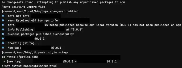 Screenshot of action output that shows the package was published.
