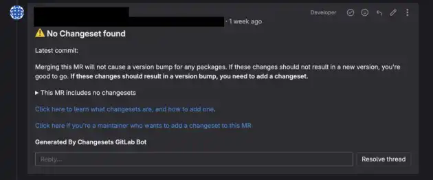 Screenshot of generated Github comment announcing no changeset was found.