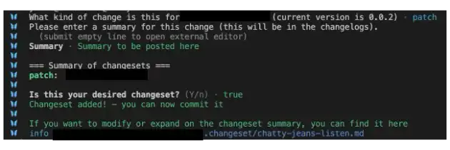Screenshot of changeset cli expected input and output.
