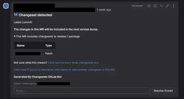 Screenshot of generated Github comment announcing changeset was found.